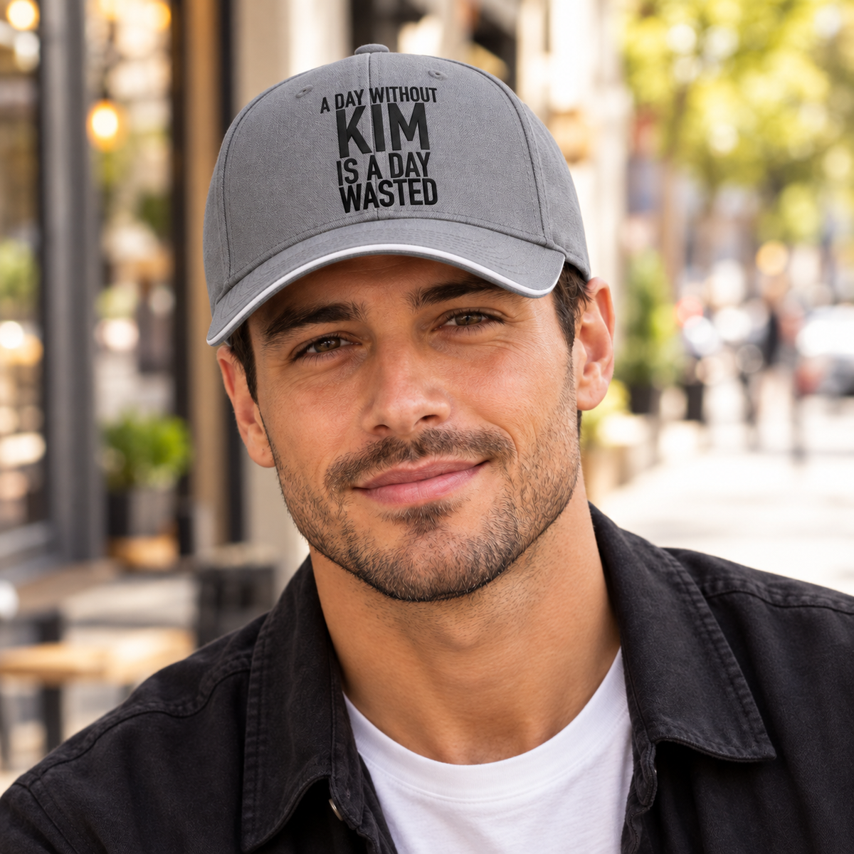 A DAY WITHOUT KIM IS A DAY WASTED cap model-gray generated final