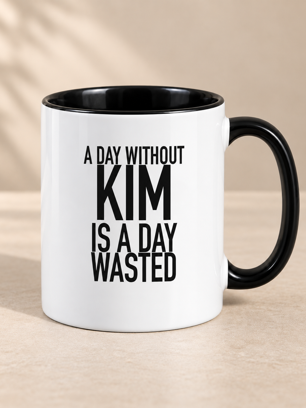 A DAY WITHOUT KIM IS A DAY WASTED mug black-white AI final 1350x1800