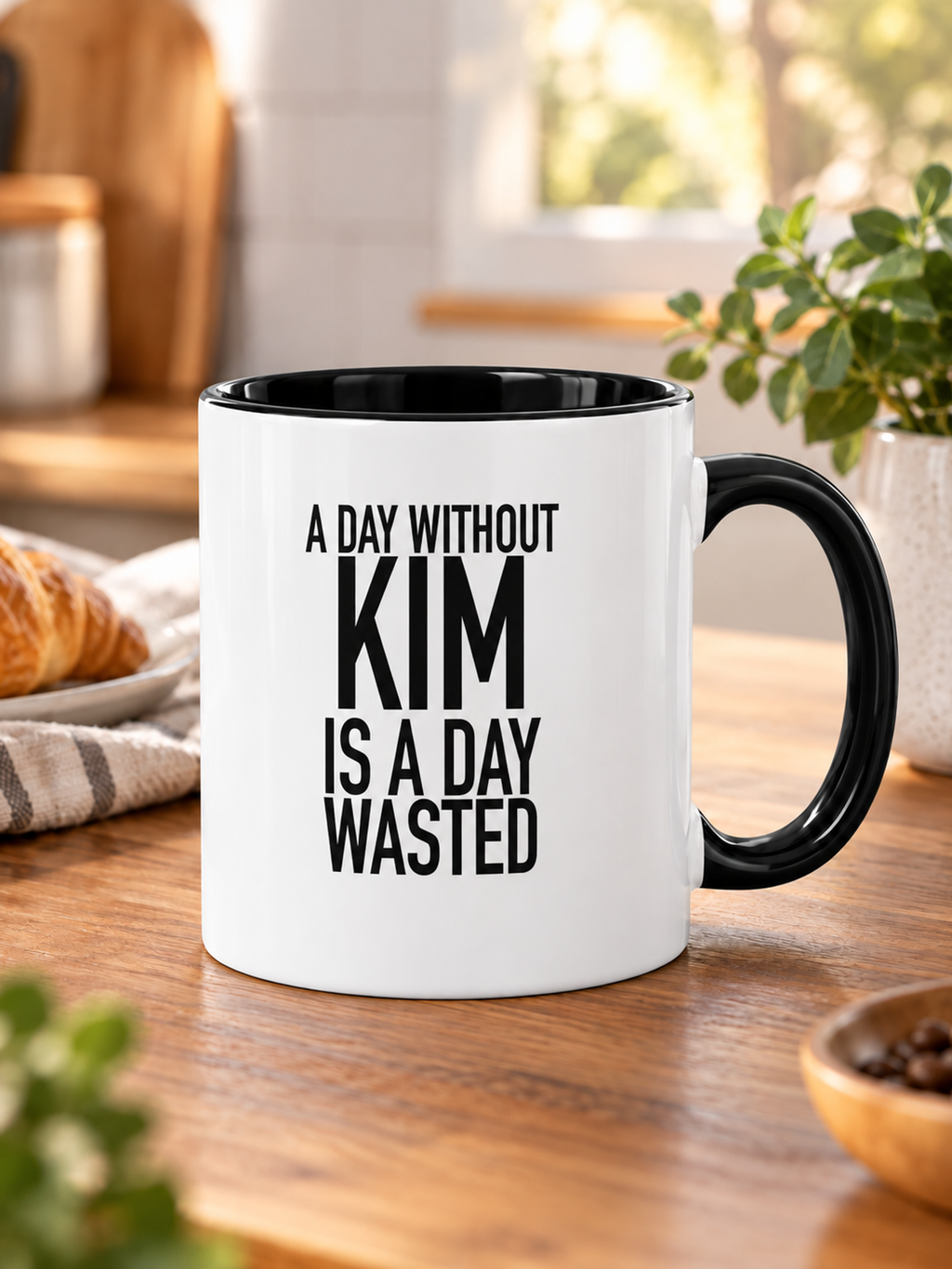 A DAY WITHOUT KIM IS A DAY WASTED mug lifestyle-black-white AI final 1350x1800