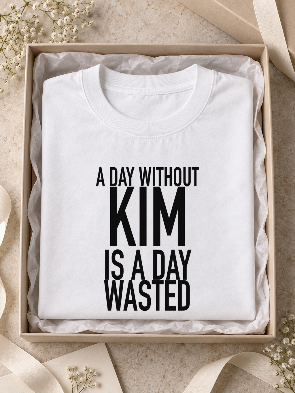 A DAY WITHOUT KIM IS A DAY WASTED women-tshirt gift mockup