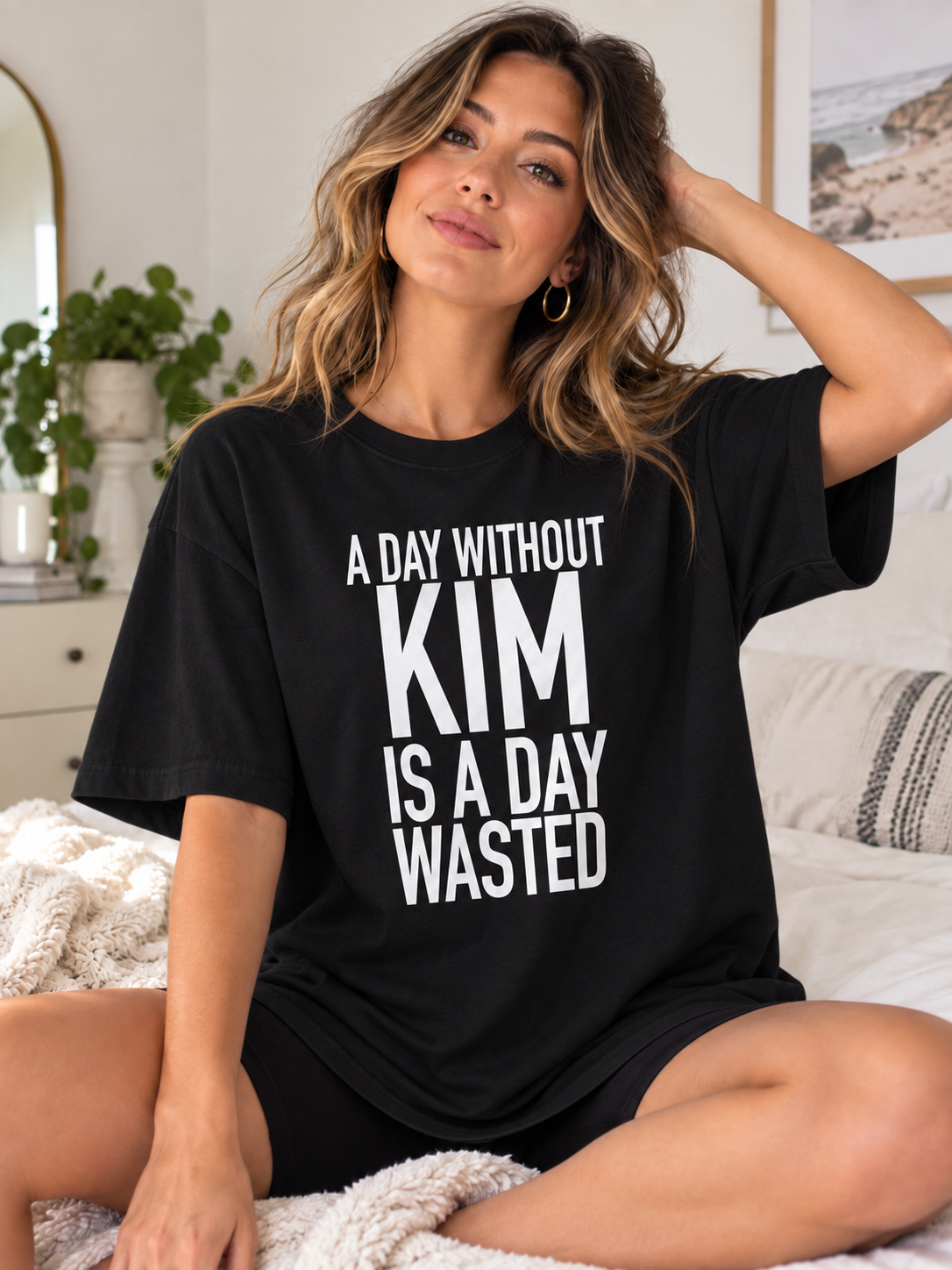 A DAY WITHOUT KIM IS A DAY WASTED women-tshirt lifestyle-black mockup