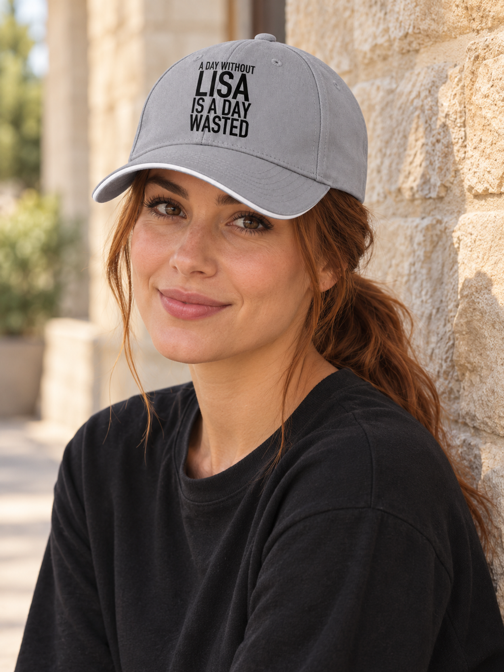 A DAY WITHOUT LISA IS A DAY WASTED cap model-gray mockup