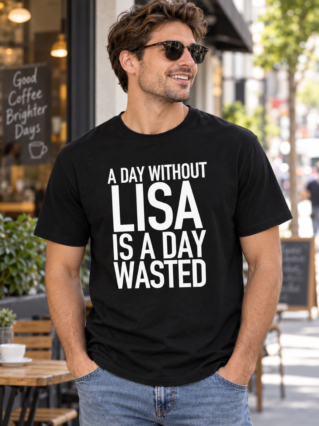 A DAY WITHOUT LISA IS A DAY WASTED men-tshirt street-model-black mockup