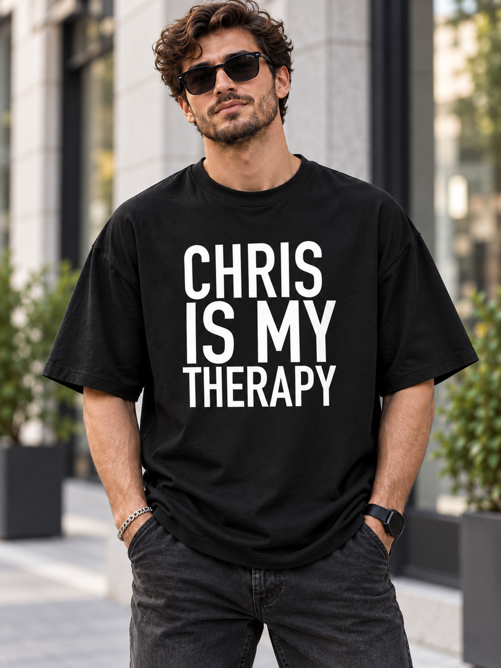 CHRIS IS MY THERAPY men-tshirt street-model-black mockup