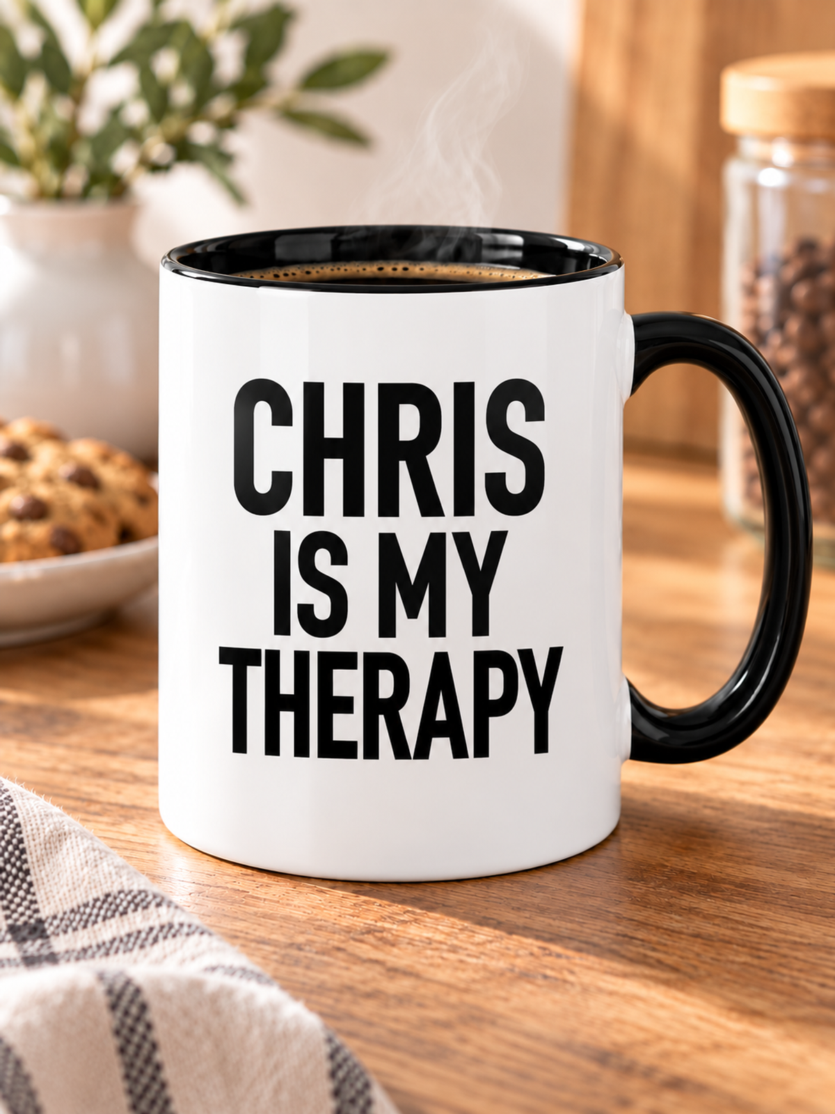 CHRIS IS MY THERAPY mug lifestyle-black-white mockup