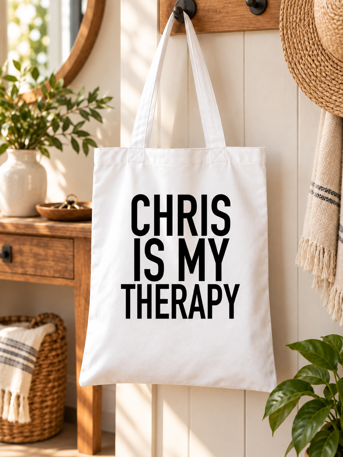 CHRIS IS MY THERAPY tote lifestyle mockup