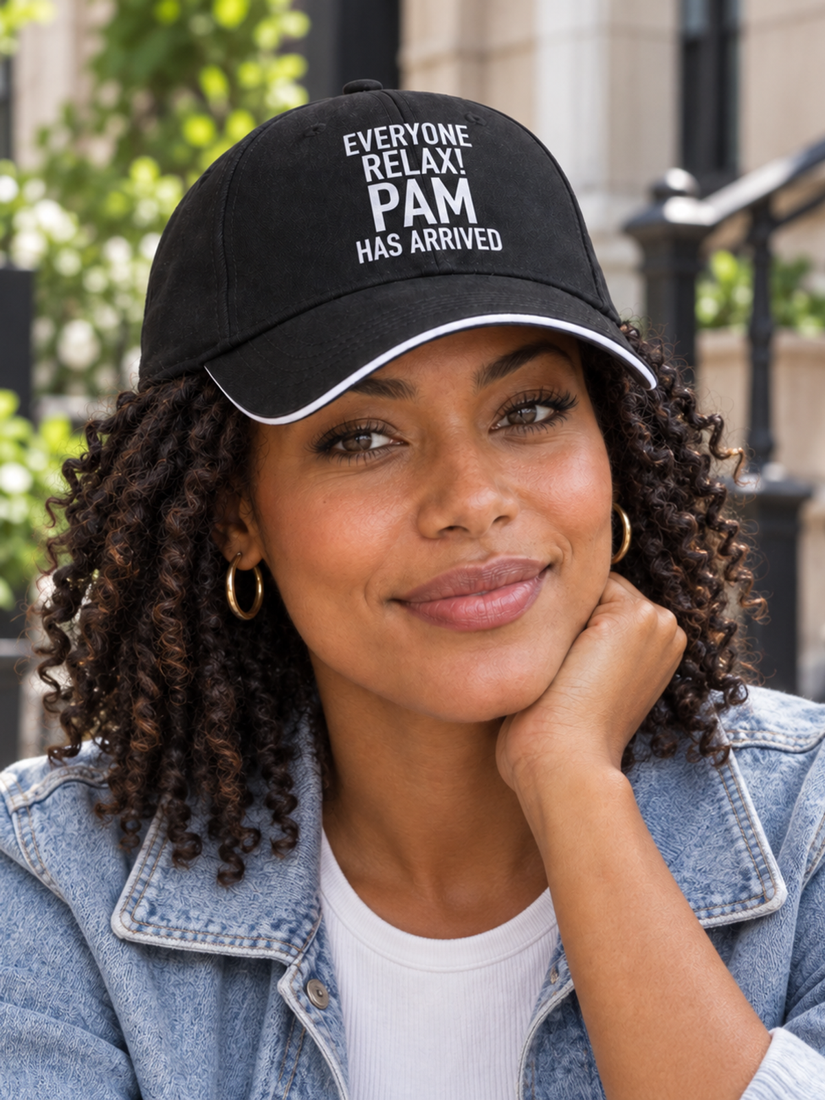 EVERYONE RELAX! PAM HAS ARRIVED cap model-black mockup