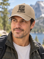 EVERYONE RELAX! PAM HAS ARRIVED cap model-khaki mockup