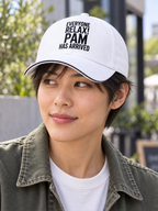 EVERYONE RELAX! PAM HAS ARRIVED cap model-white mockup