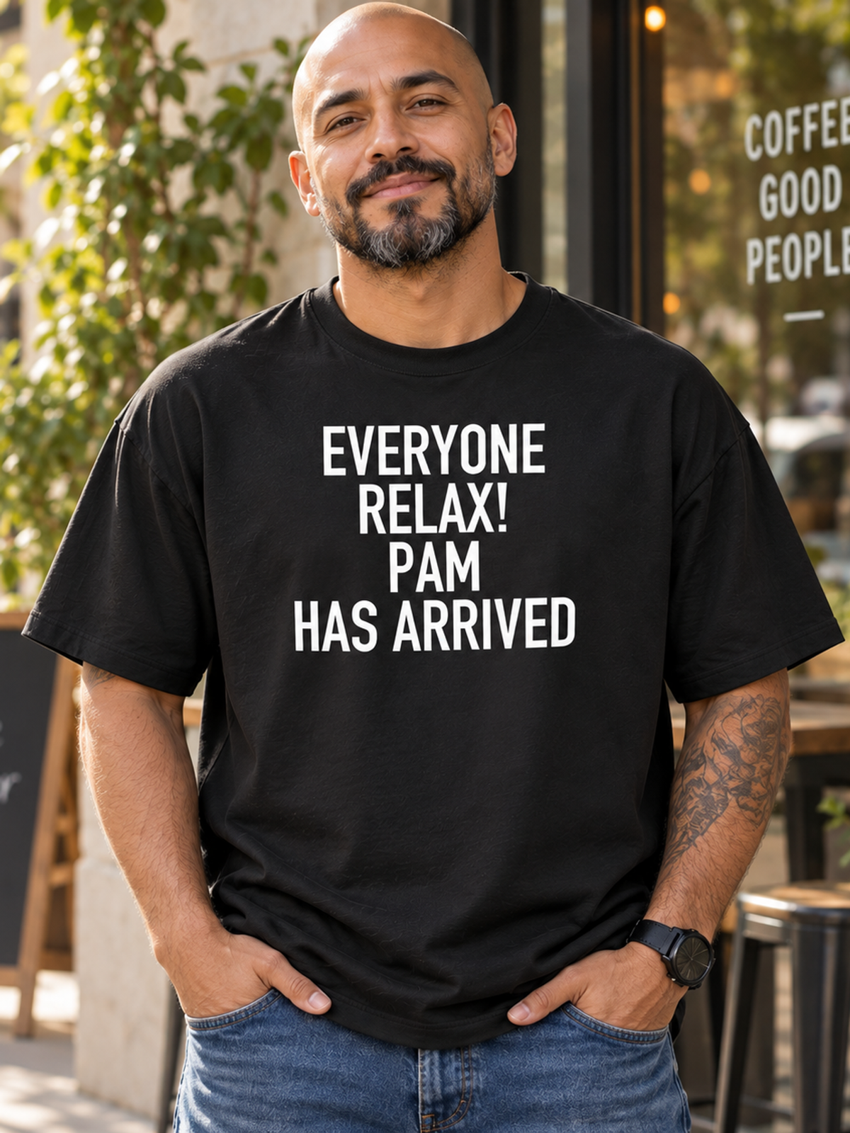 EVERYONE RELAX! PAM HAS ARRIVED men-tshirt street-model-black mockup