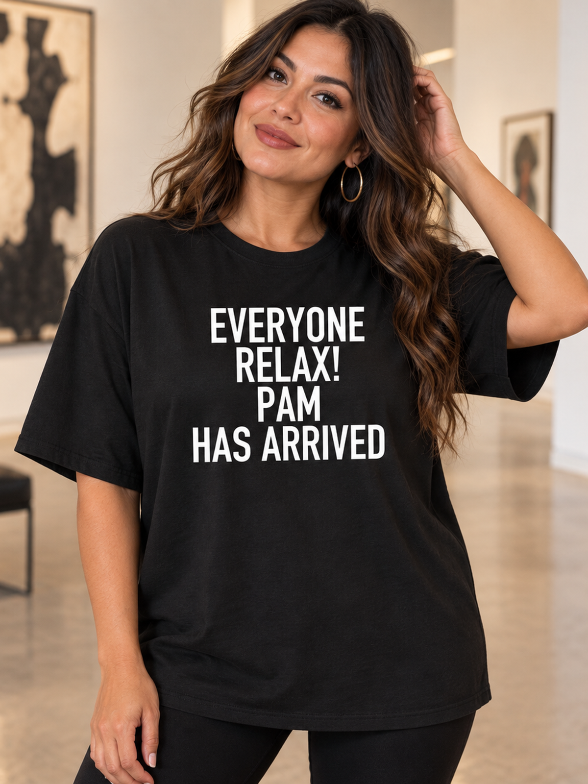 EVERYONE RELAX! PAM HAS ARRIVED women-tshirt lifestyle-black mockup
