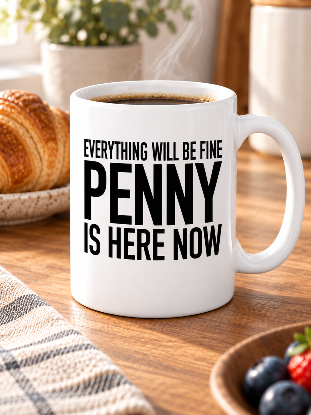 EVERYTHING WILL BE FINE PENNY IS HERE NOW mug lifestyle-white mockup