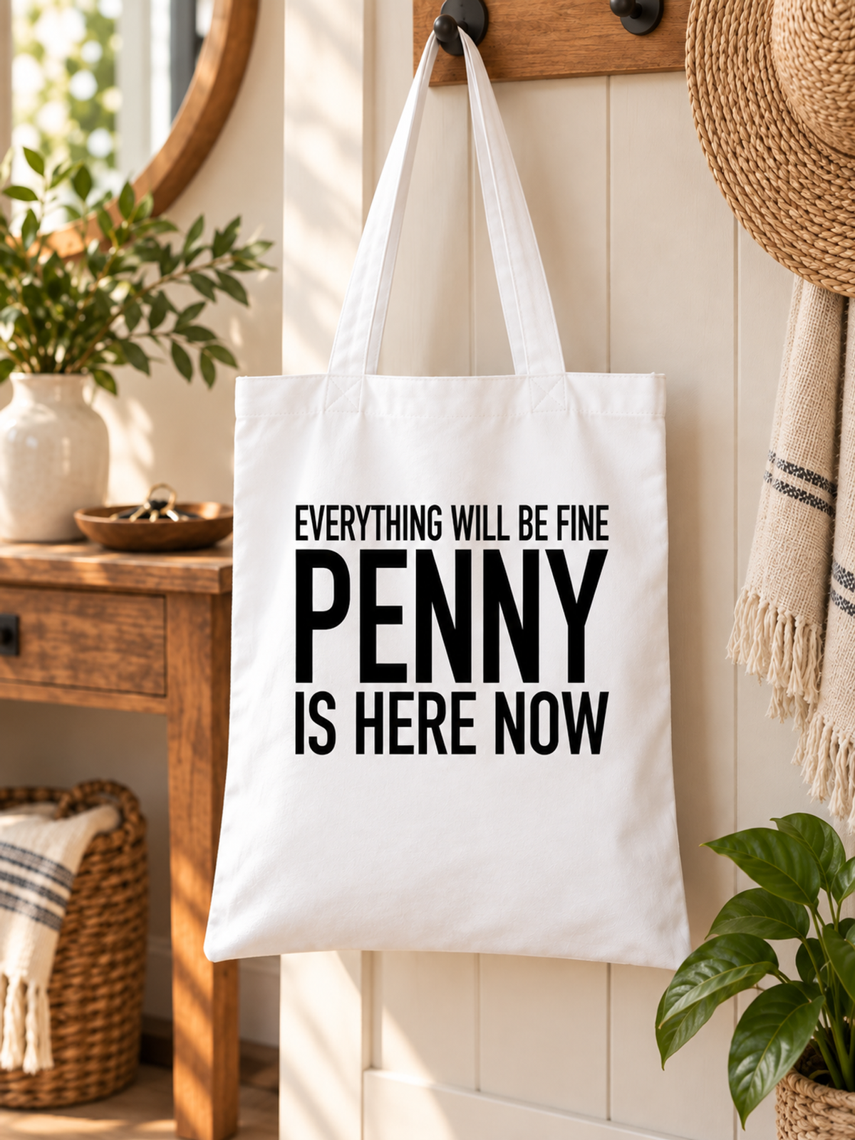 EVERYTHING WILL BE FINE PENNY IS HERE NOW tote lifestyle mockup