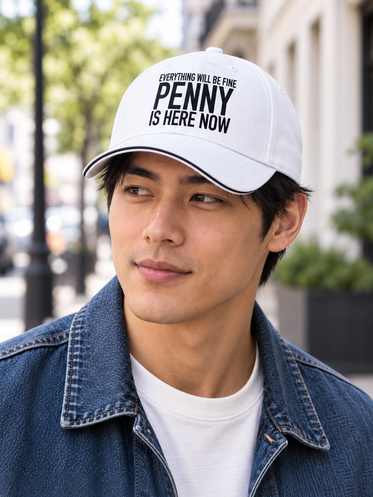 EVERYTHING WILL BE FINE PENNY IS HERE NOW cap model-white mockup