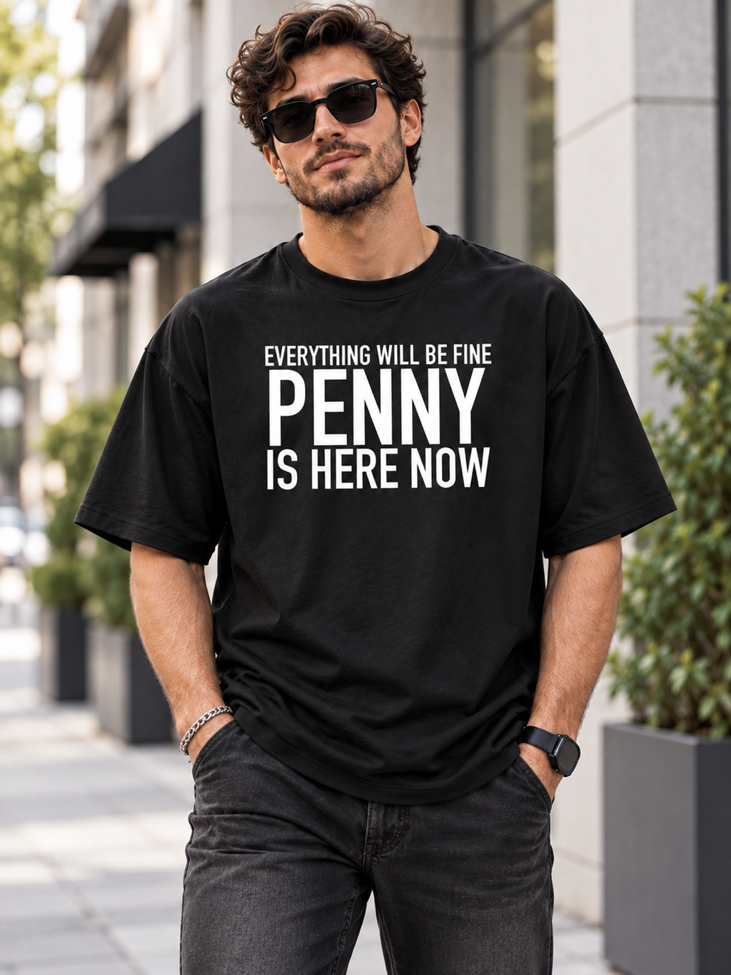 EVERYTHING WILL BE FINE PENNY IS HERE NOW men-tshirt street-model-black mockup