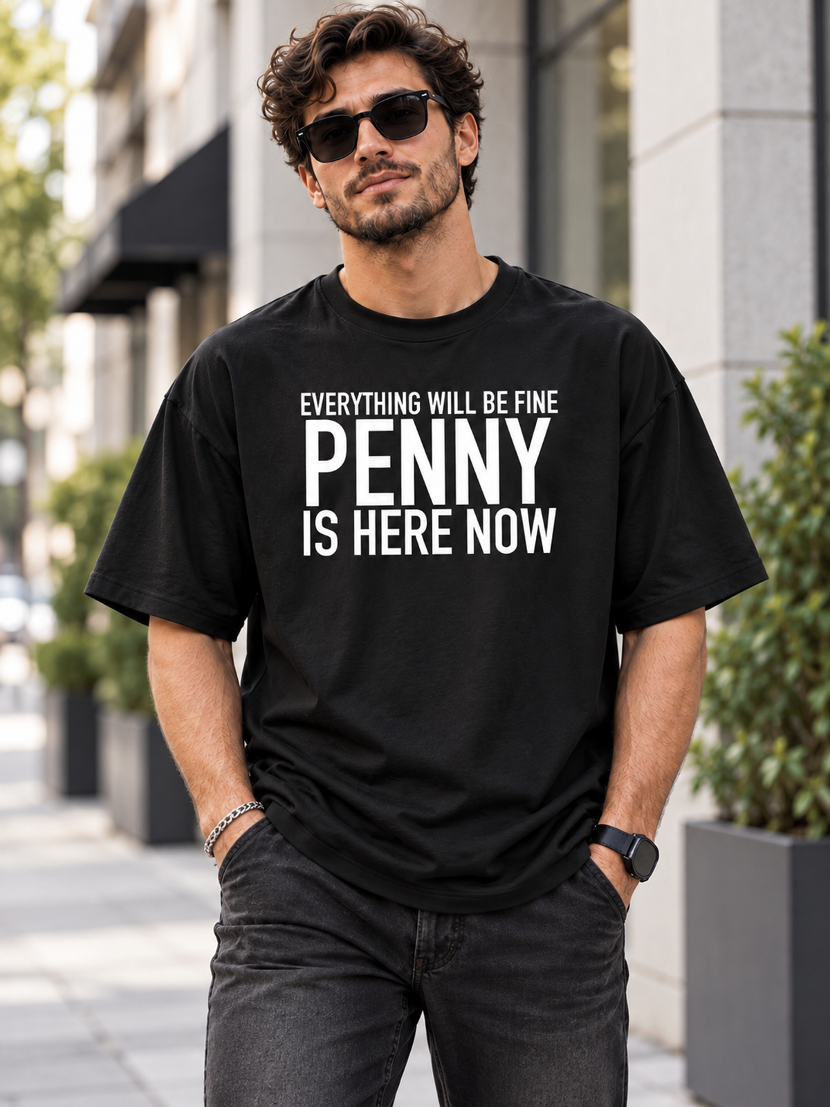 EVERYTHING WILL BE FINE PENNY IS HERE NOW men-tshirt street-model-black mockup