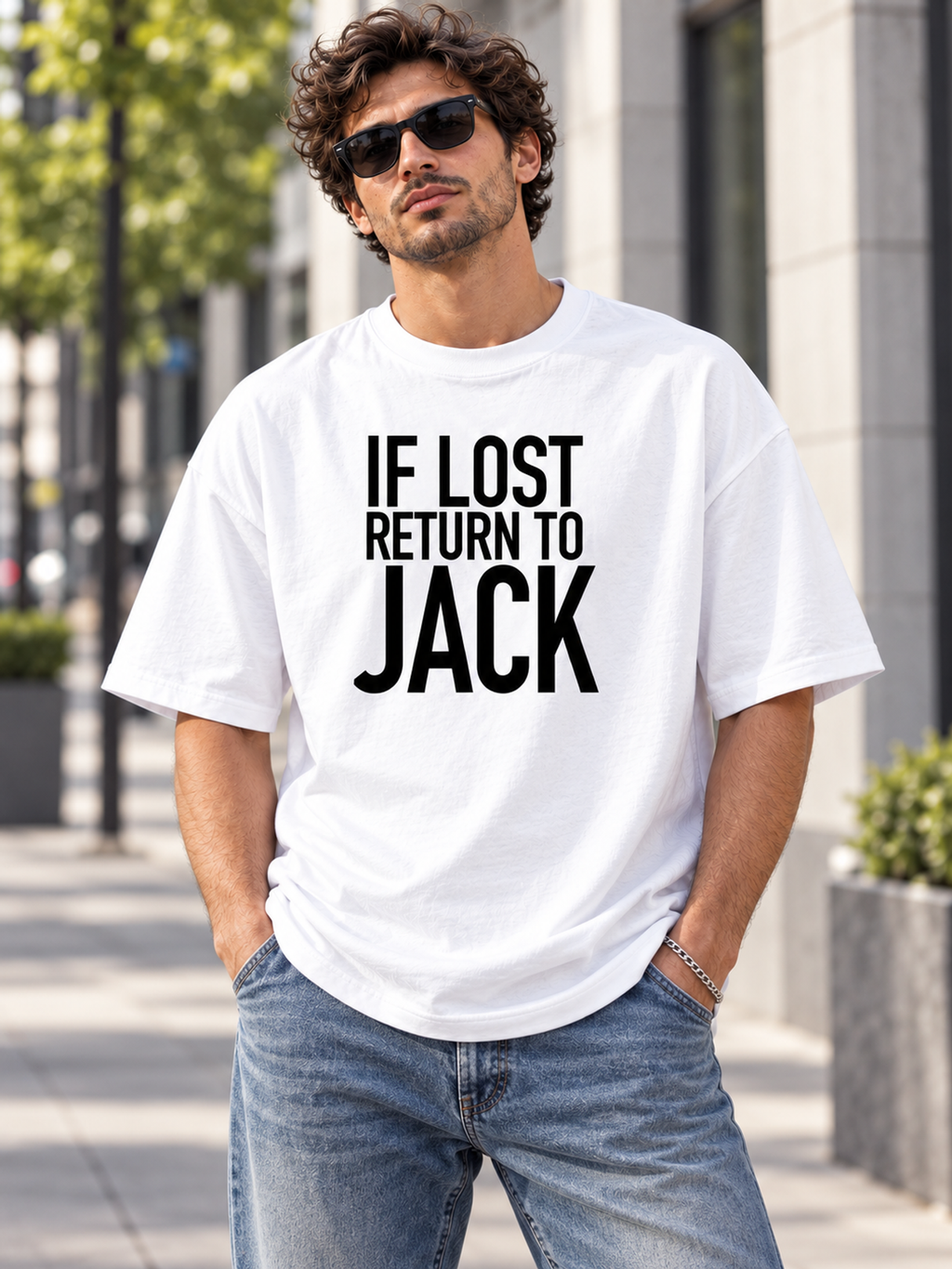 IF LOST RETURN TO JACK men-tshirt street-model-white mockup