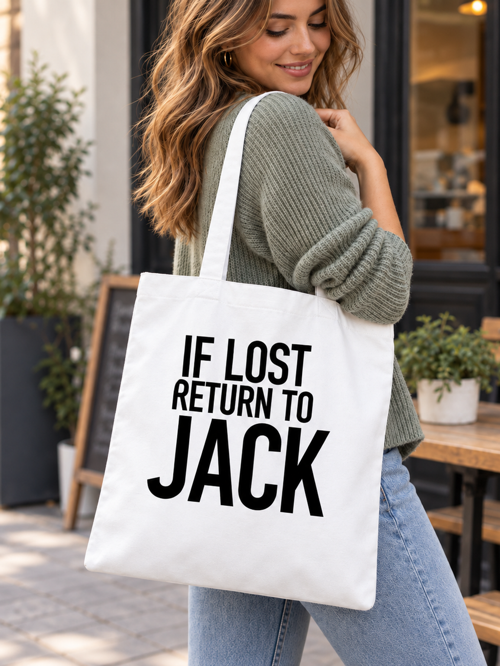 IF LOST RETURN TO JACK tote model mockup