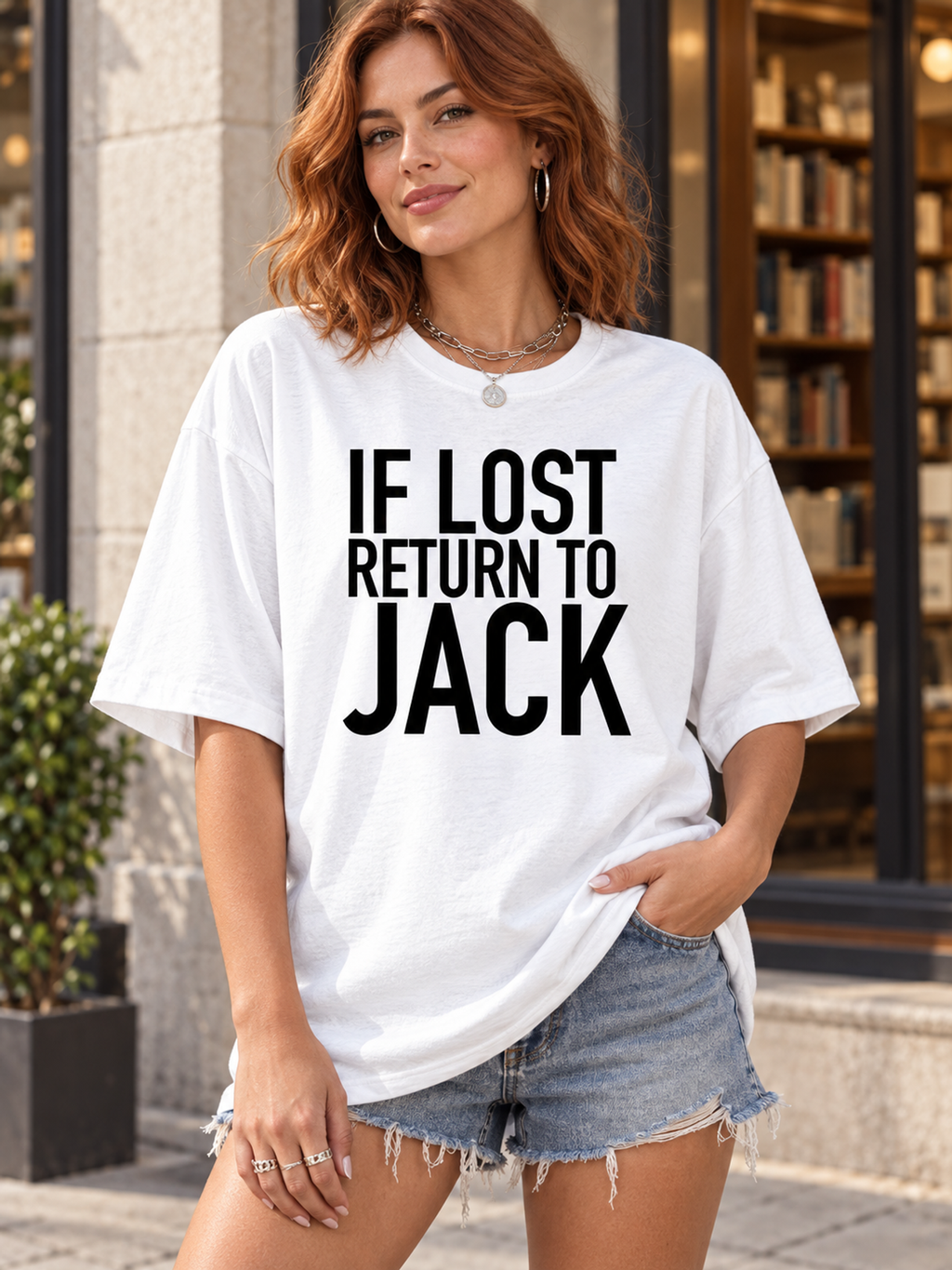 IF LOST RETURN TO JACK women-tshirt lifestyle mockup