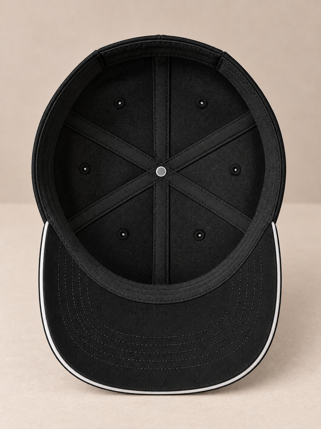 Inside view of 6-panel baseball cap showing lining, seams, and sweatband