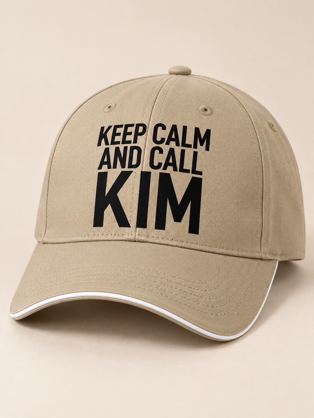 KEEP CALM AND CALL KIM cap khaki mockup