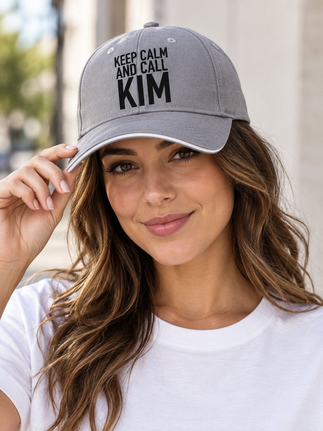 KEEP CALM AND CALL KIM cap model-gray mockup