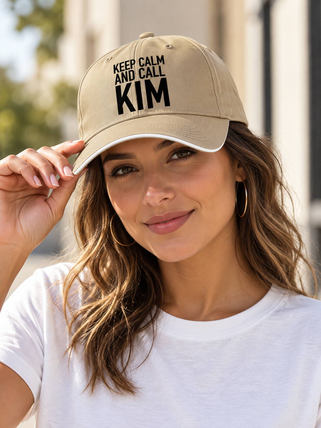 KEEP CALM AND CALL KIM cap model-khaki mockup