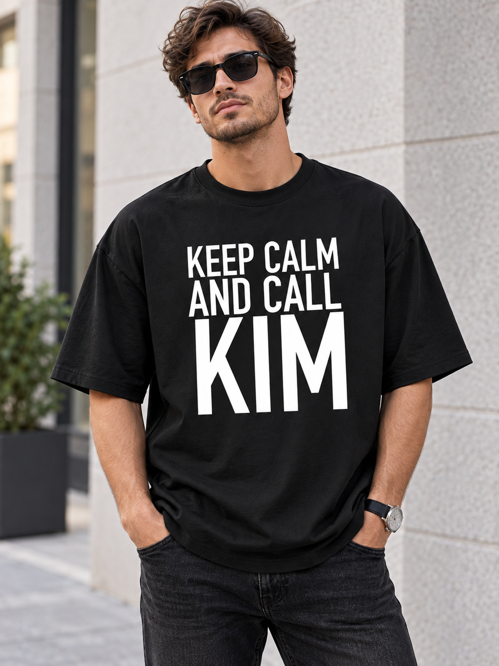 KEEP CALM AND CALL KIM men-tshirt street-model-black mockup