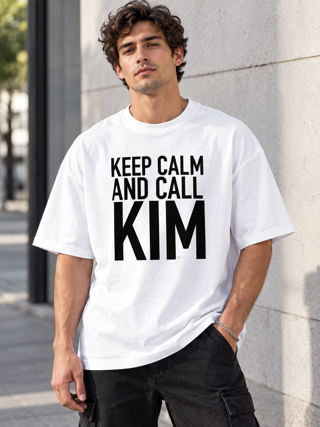 KEEP CALM AND CALL KIM men-tshirt street-model-white mockup