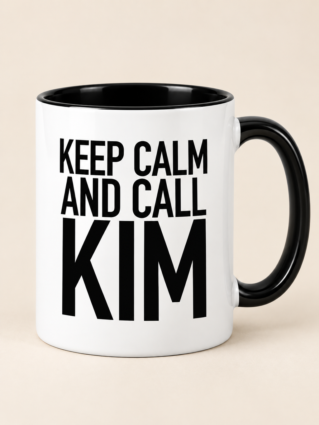 KEEP CALM AND CALL KIM mug black-white mockup