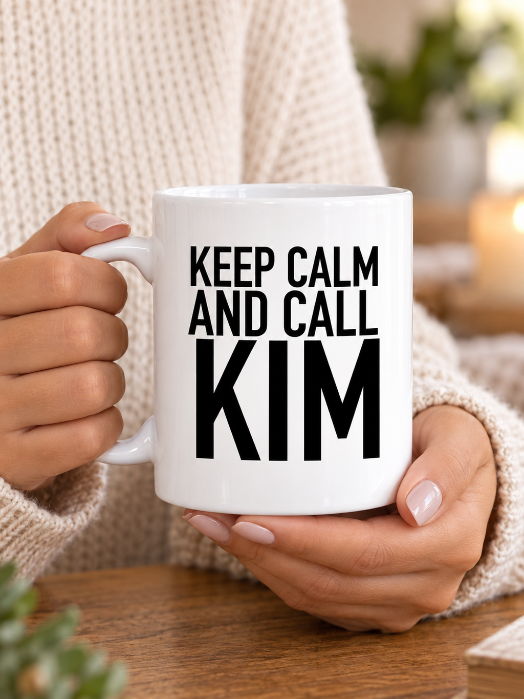 KEEP CALM AND CALL KIM mug handheld-white mockup