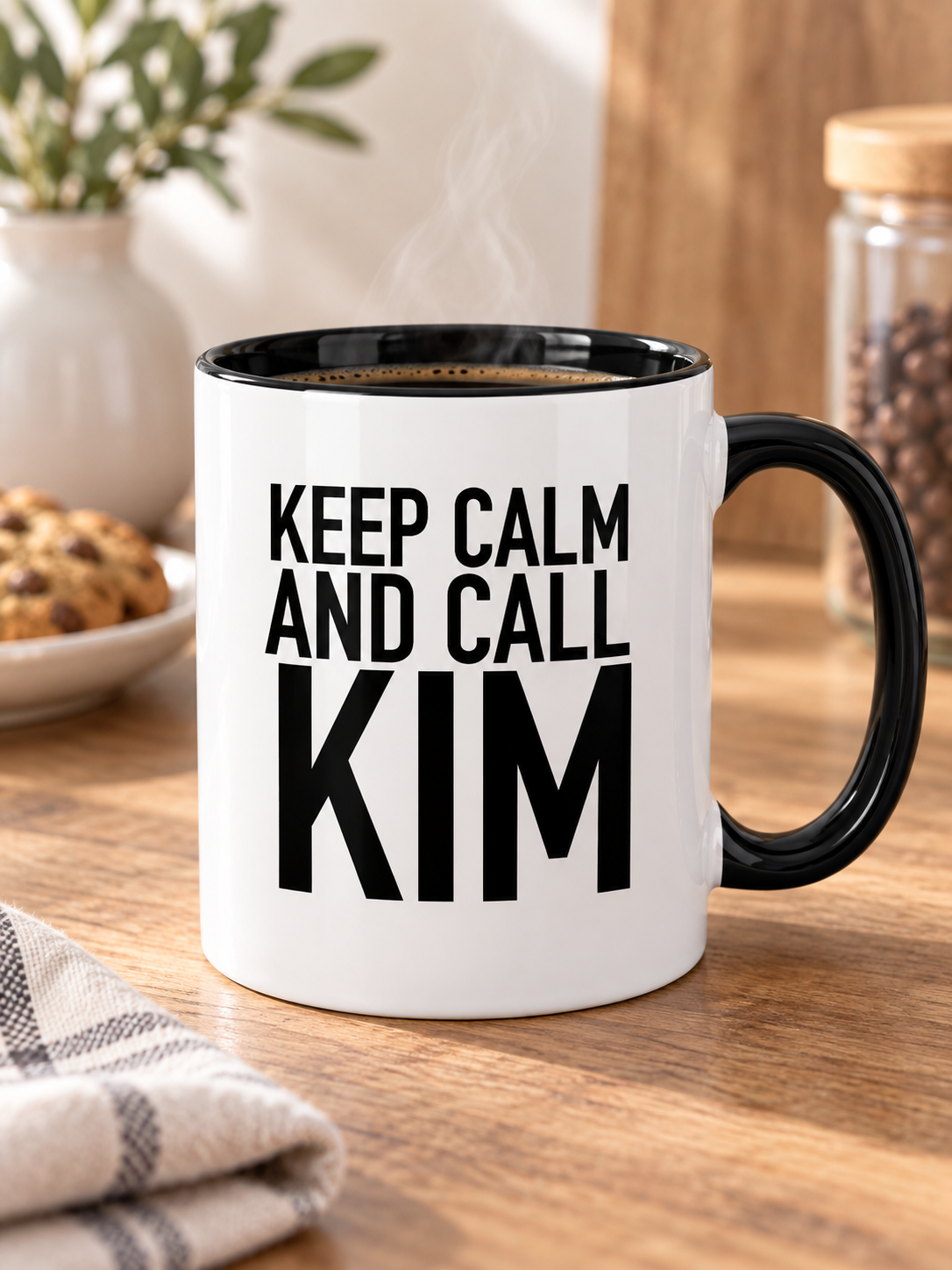 KEEP CALM AND CALL KIM mug lifestyle-black-white mockup