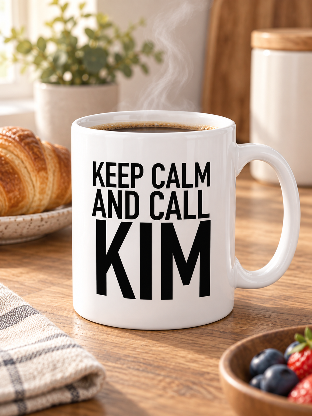 KEEP CALM AND CALL KIM mug lifestyle-white mockup