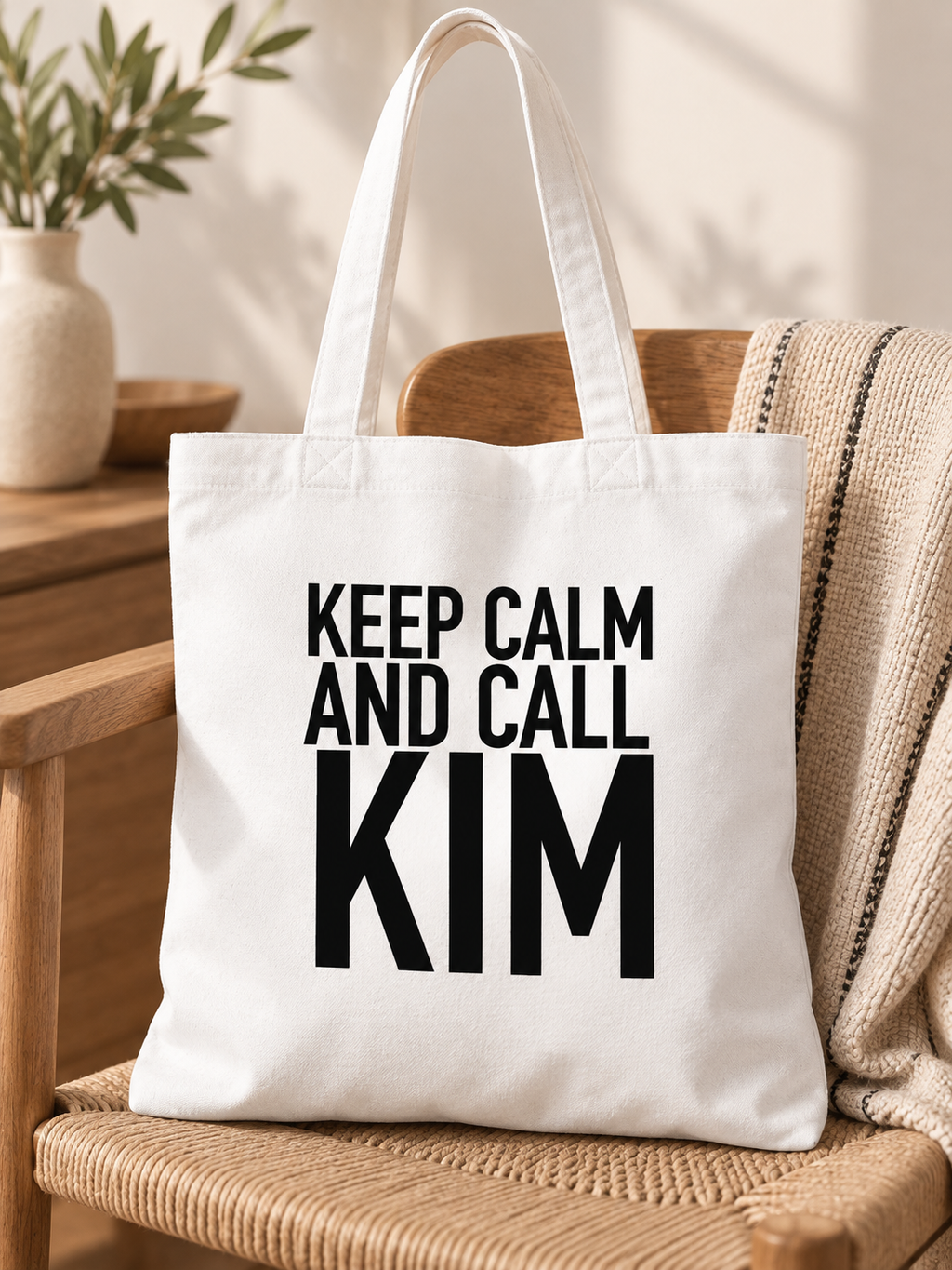 KEEP CALM AND CALL KIM tote lifestyle mockup