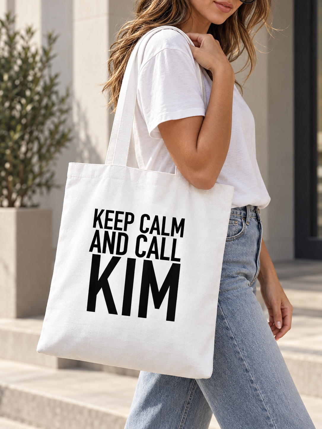 KEEP CALM AND CALL KIM tote model mockup