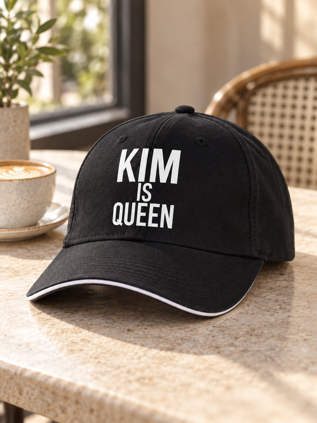 KIM IS QUEEN black sandwich baseball cap lifestyle image