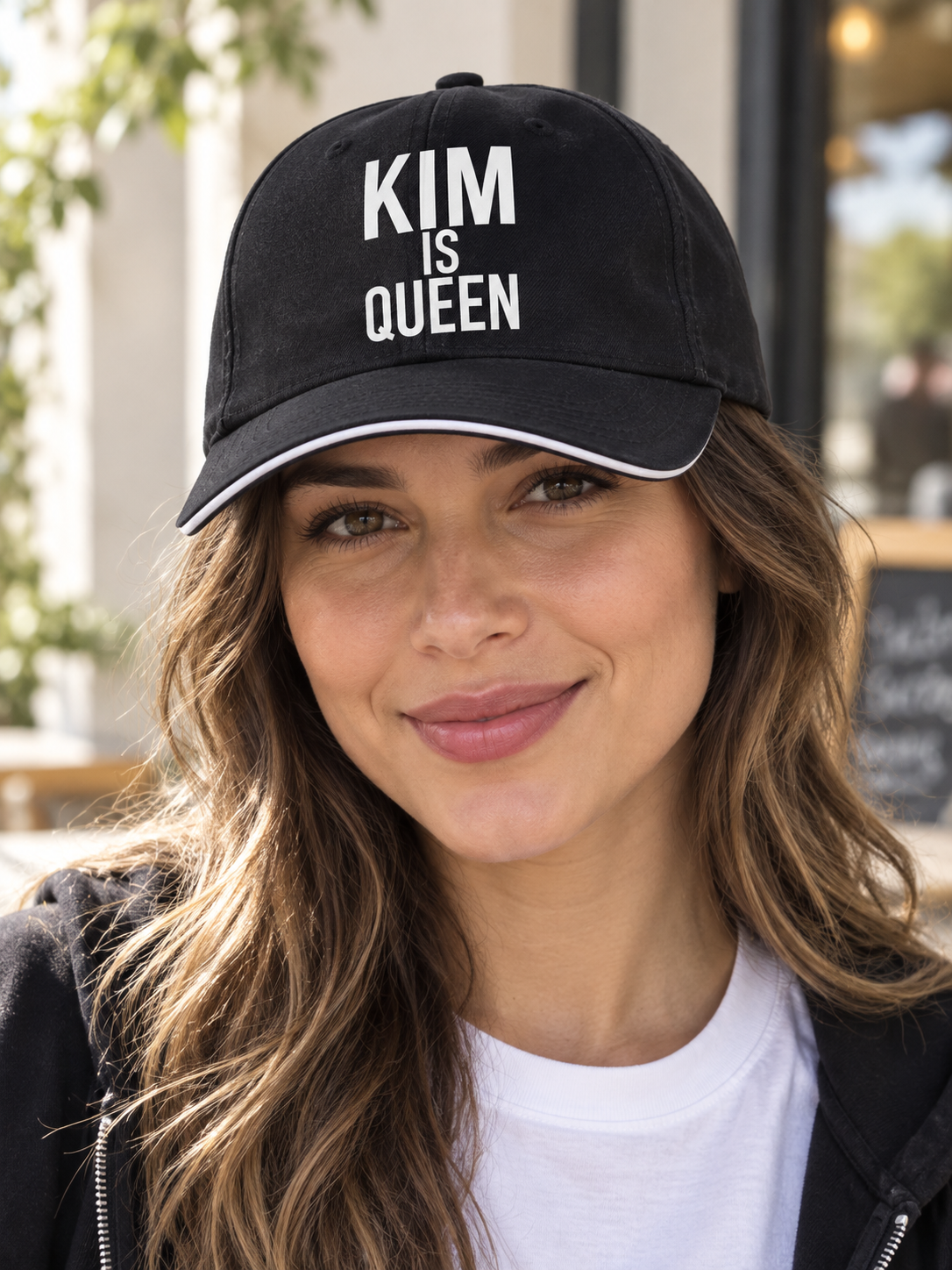 KIM IS QUEEN black sandwich baseball cap female model image