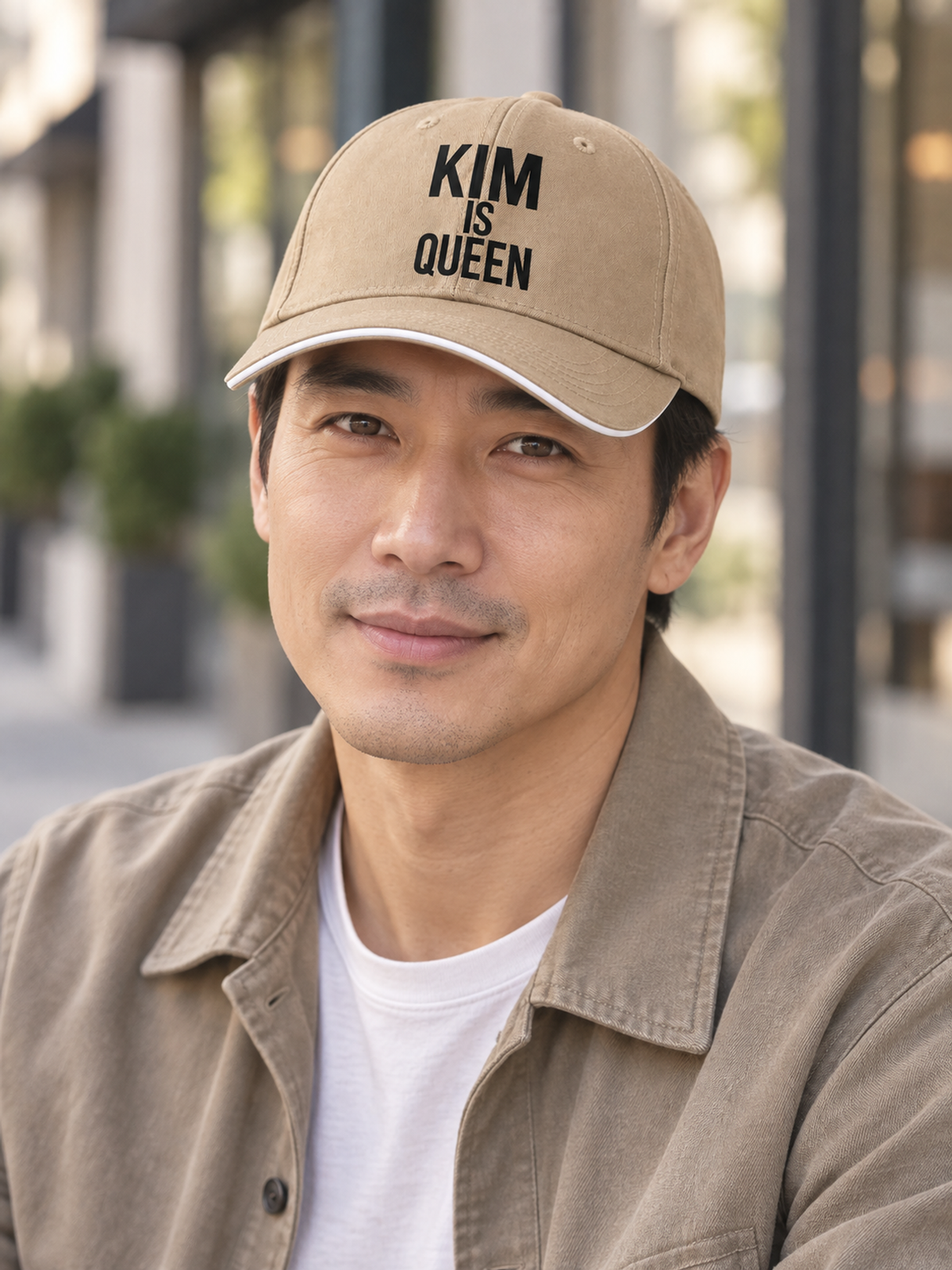 KIM IS QUEEN cap model-khaki mockup
