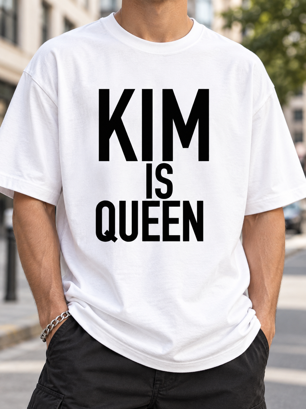 KIM IS QUEEN men-tshirt street-model-white mockup