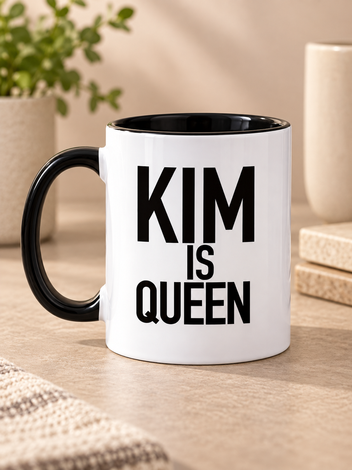 KIM IS QUEEN mug lifestyle-black-white mockup