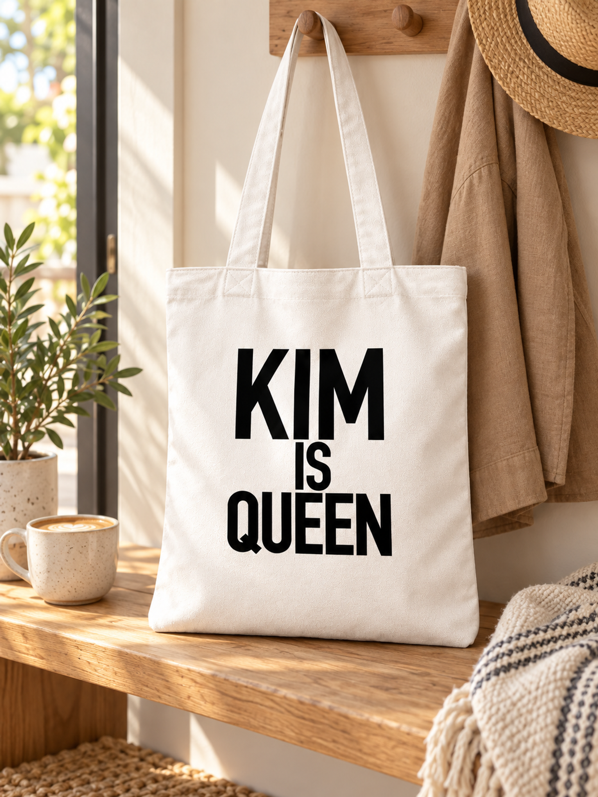 KIM IS QUEEN tote lifestyle mockup