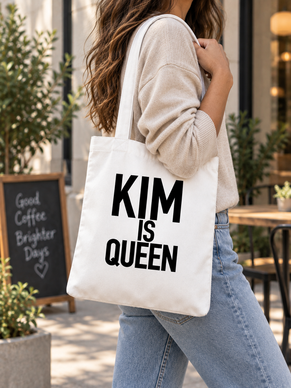 KIM IS QUEEN tote model mockup