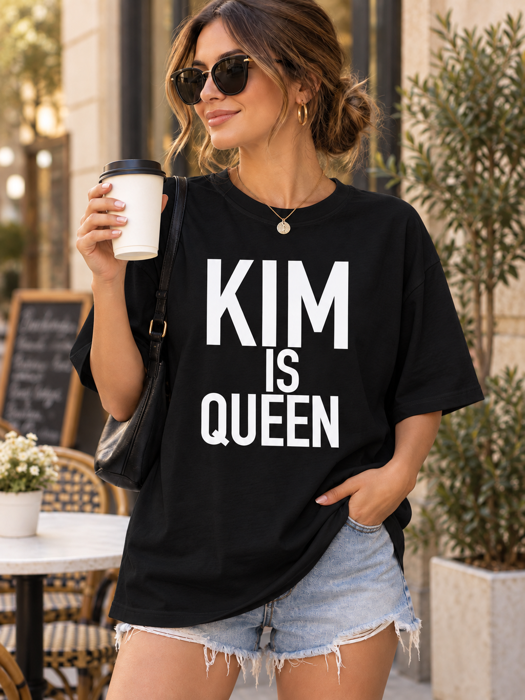 KIM IS QUEEN women's black T-shirt cafe lifestyle image
