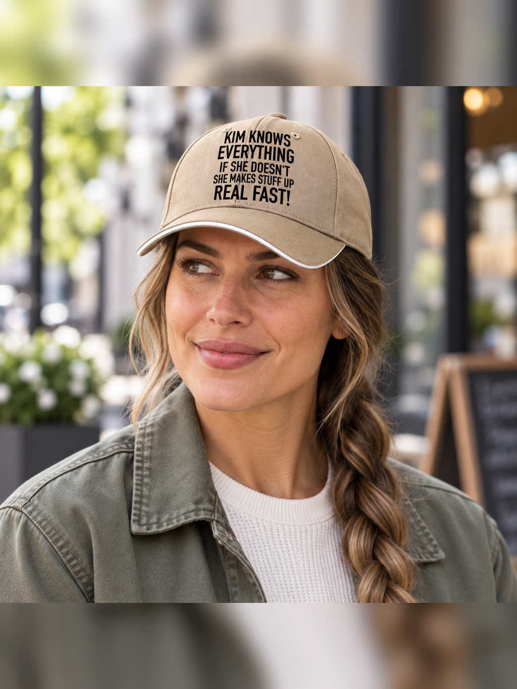 KIM KNOWS EVERYTHING IF SHE DOESN'T SHE MAKES STUFF UP REAL FAST! cap model-khaki mockup