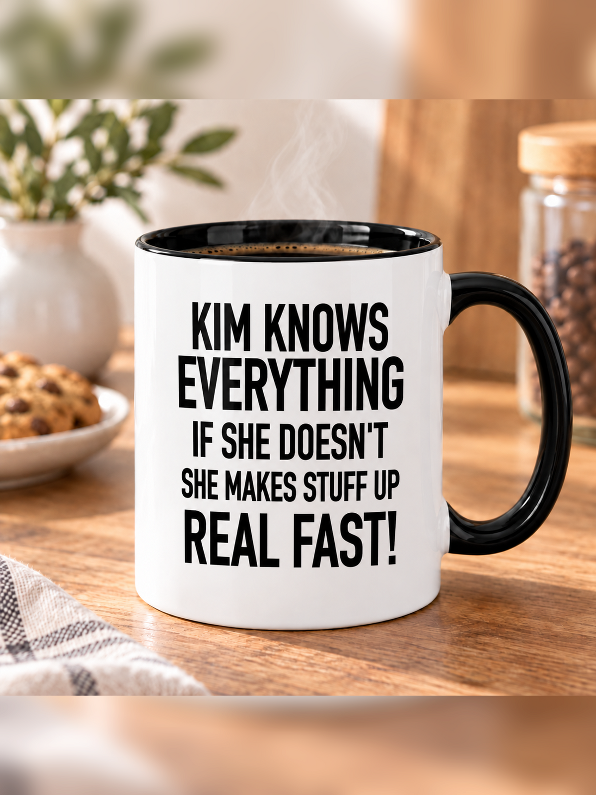KIM KNOWS EVERYTHING IF SHE DOESN'T SHE MAKES STUFF UP REAL FAST! mug lifestyle-black-white mockup