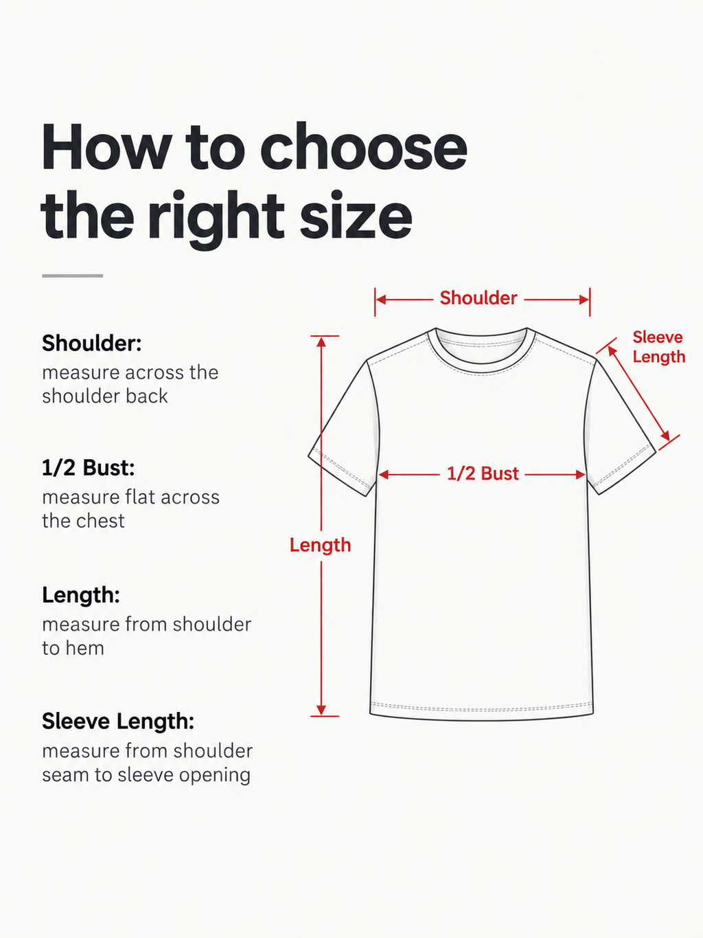 T-shirt size measurement guide showing shoulder width, 1/2 bust, length and sleeve length