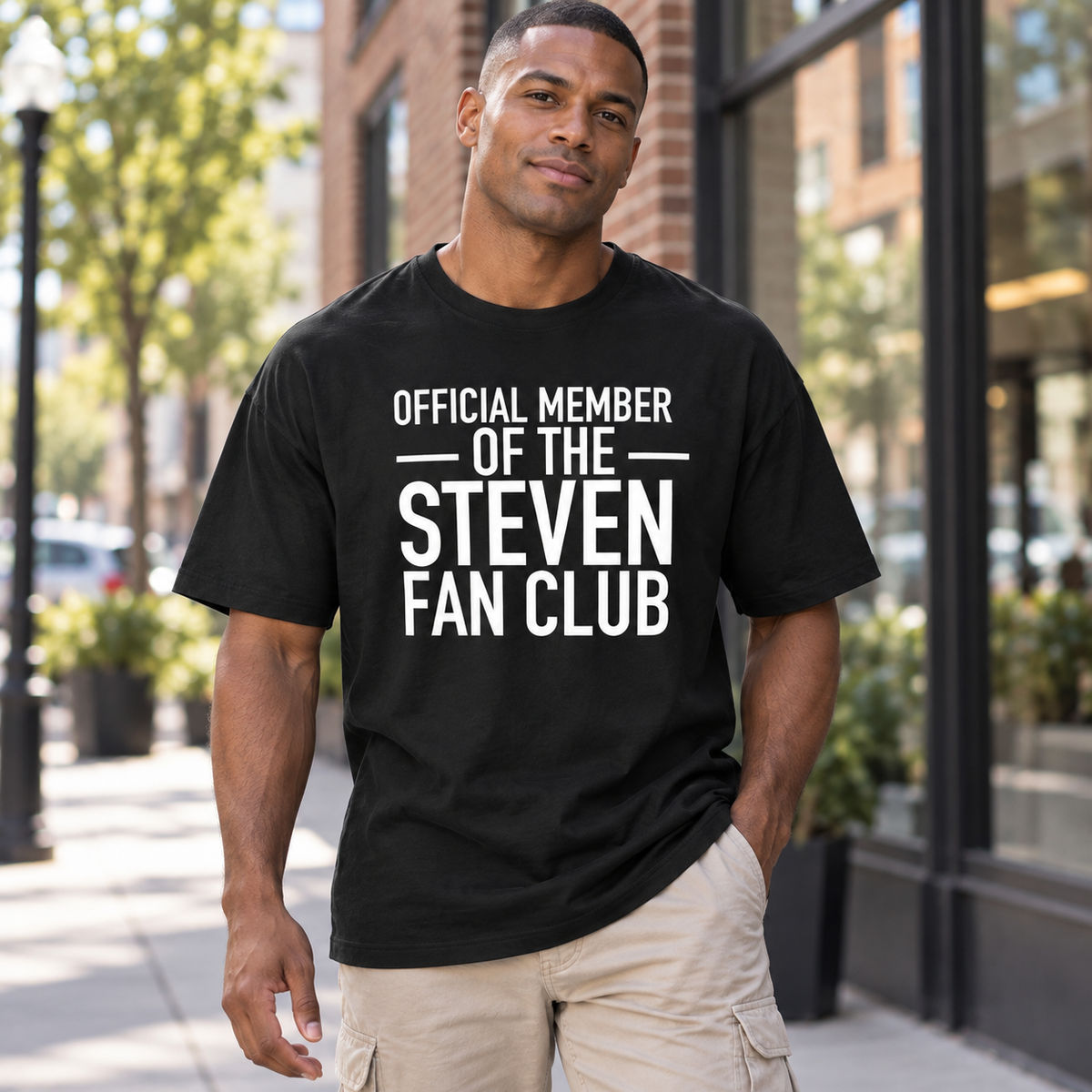 OFFICIAL MEMBER OF THE STEVEN FAN CLUB men-tshirt street-model-black mockup