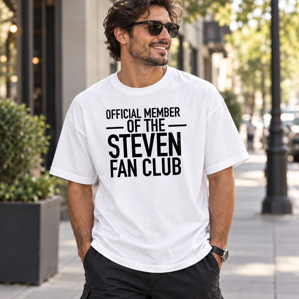 OFFICIAL MEMBER OF THE STEVEN FAN CLUB men-tshirt street-model-white mockup