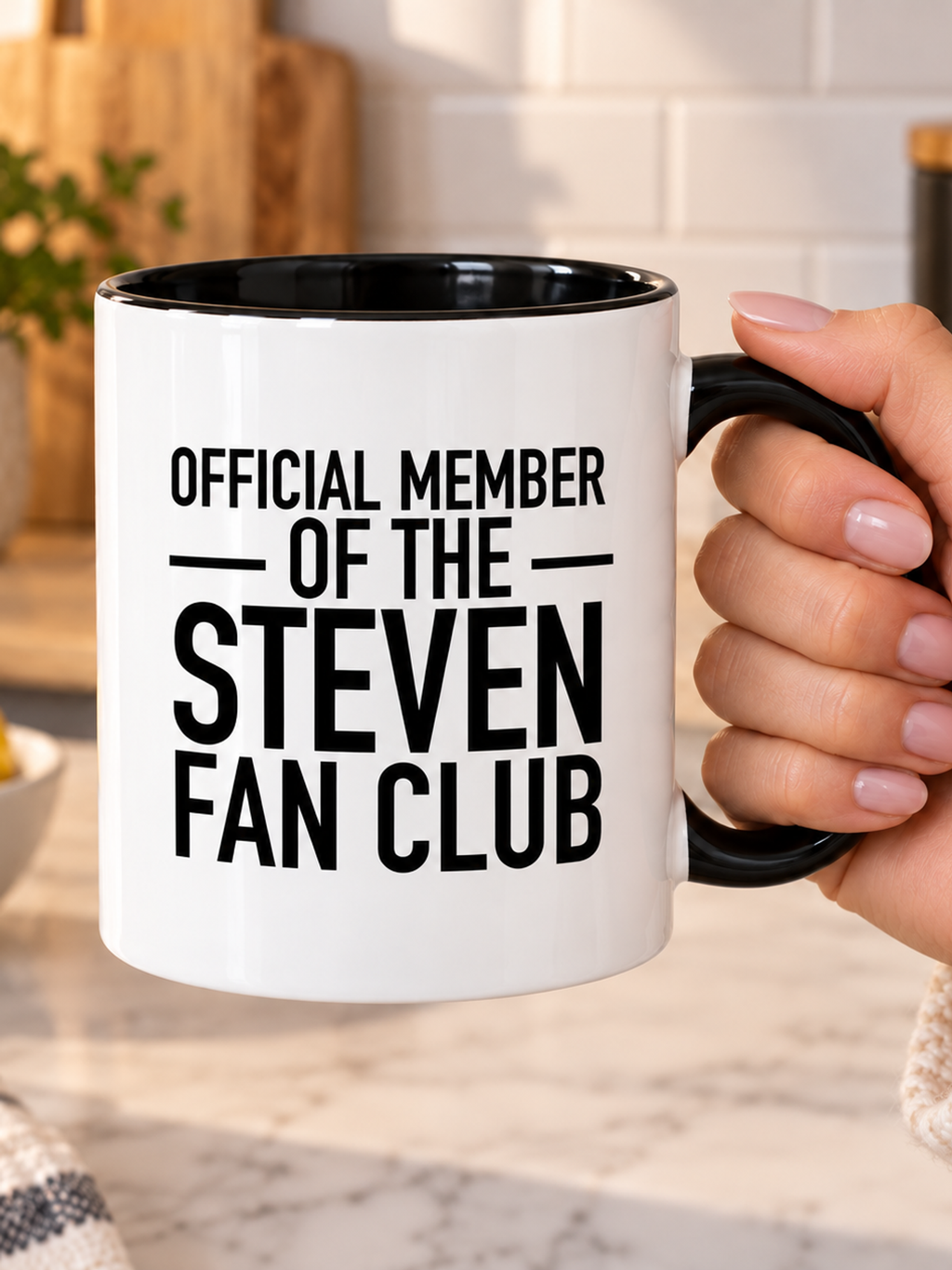 OFFICIAL MEMBER OF THE STEVEN FAN CLUB mug handheld-black-white mockup