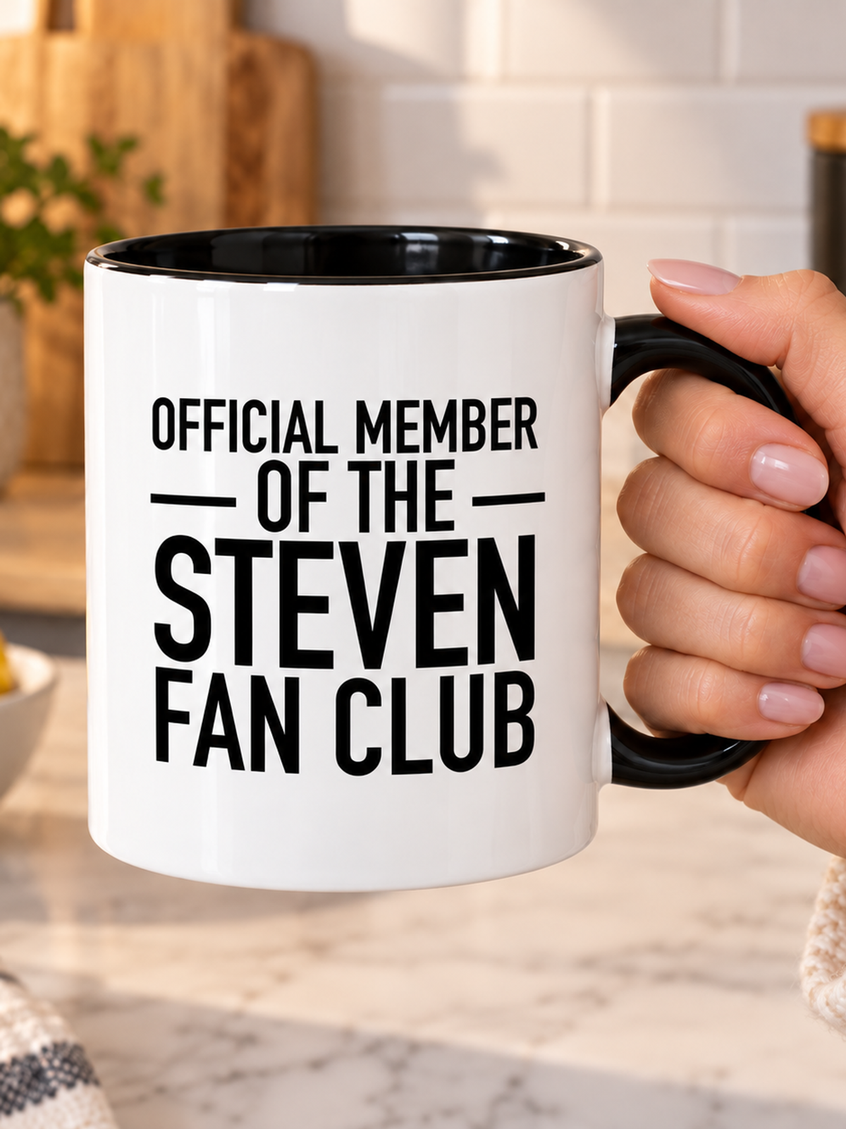 OFFICIAL MEMBER OF THE STEVEN FAN CLUB mug handheld-black-white mockup